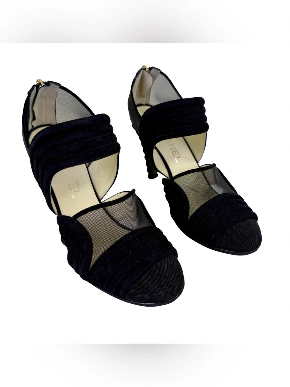 CHANEL BLACK SUEDE AND MESH SCULPTURAL HEEL PUMPS